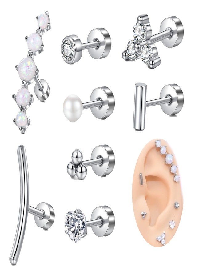 AVYRING أقراط AVYRING 20G ذات ظهر مسطح للنساء، مضادة للحساسية، مرصعة باللؤلؤ، على شكل فراشة وقلب، مصنوعة من الفولاذ الجراحي والفضة والأوبال، مناسبة لثقب الغضروف الحلزوني. - Image 1